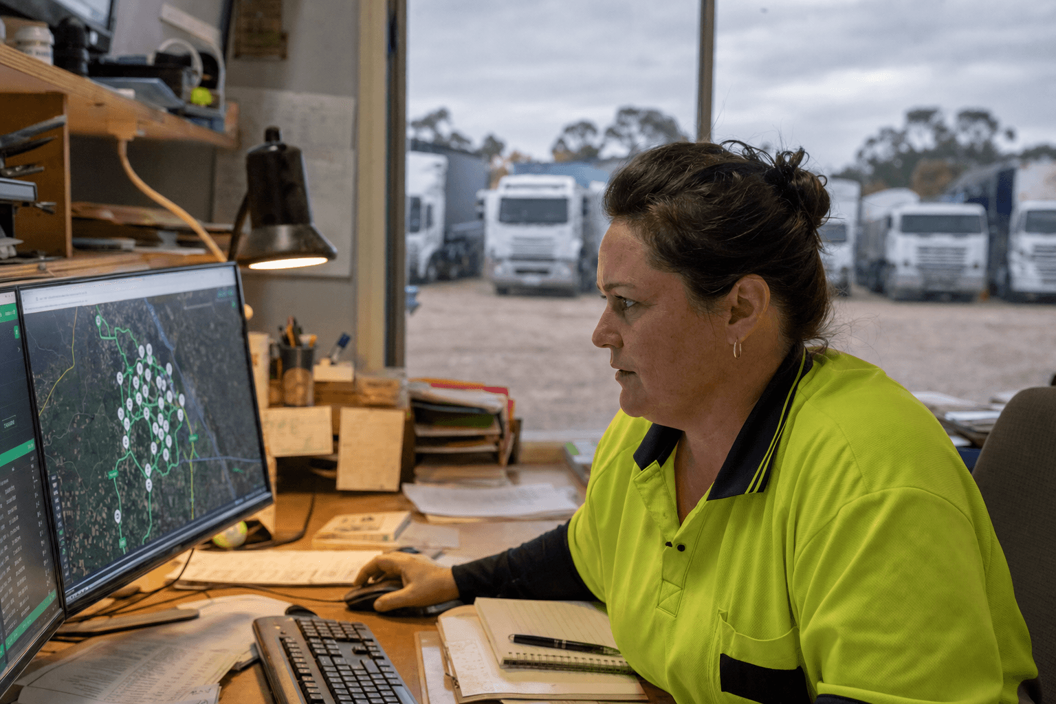 A female freight dispatcher in a hi-vis polo shirt reviews a digital route planning screen at her workstation inside a regional Australian depot, with a row of parked heavy trucks visible through the window behind her.