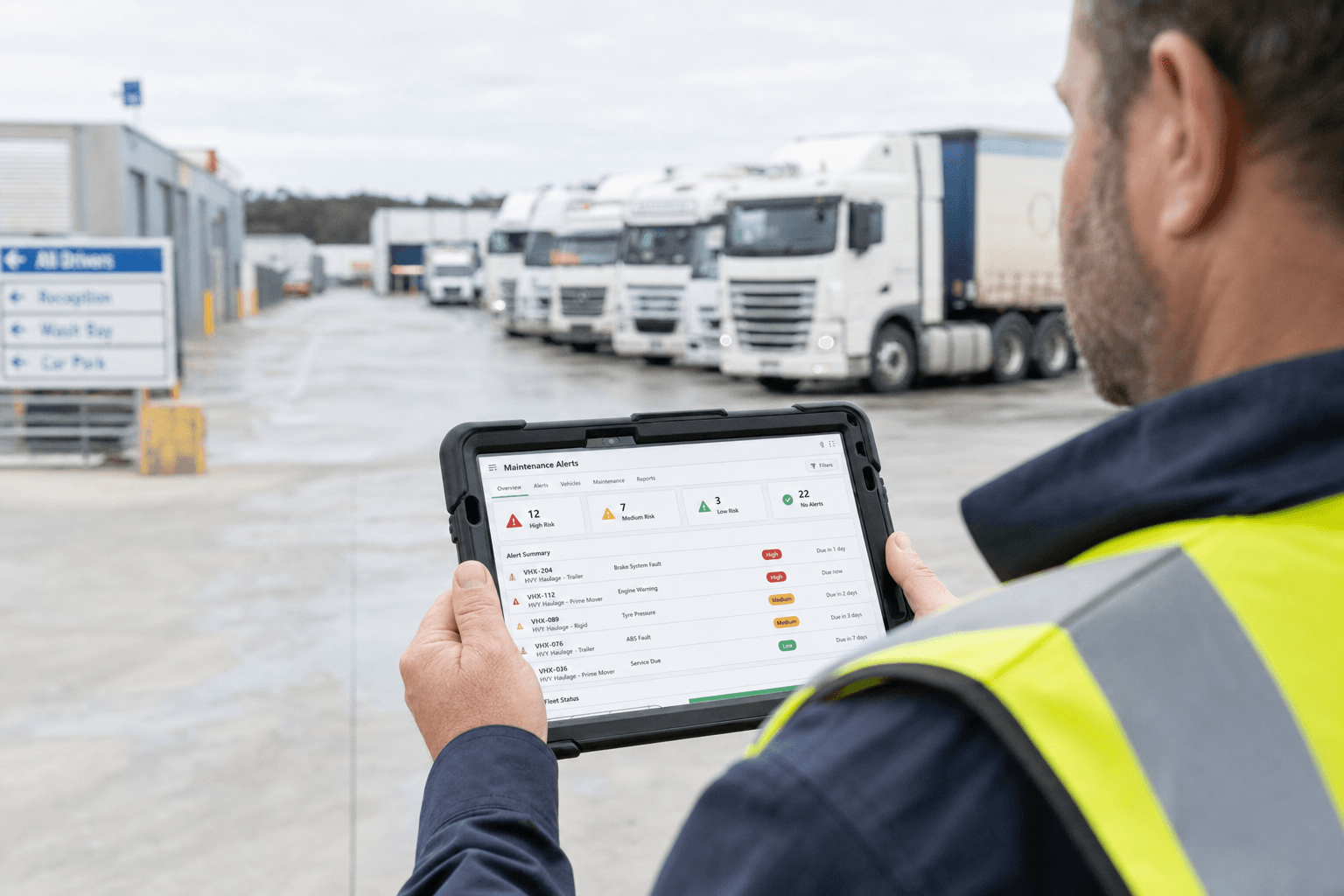 Over-the-shoulder view of a male fleet supervisor in a high-vis vest holding a ruggedised tablet showing a vehicle maintenance alert dashboard, standing in a bright overcast Australian truck depot yard with a row of semi-trailers visible in the background.