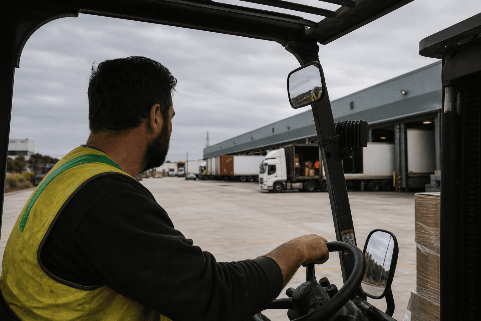 A male forklift operator in a yellow hi-vis vest sits in his forklift on a concrete loading dock at a Melbourne western-suburbs distribution centre, with a row of tilt-slab warehouse buildings and backed-in semi-trailers visible behind him under an overcast sky.