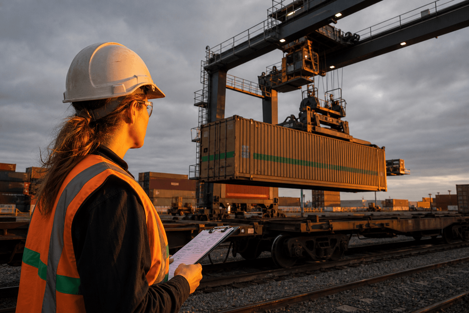 A female rail freight worker in a hard hat and orange hi-vis vest stands at a Melbourne intermodal rail terminal, watching a gantry crane load a shipping container onto a freight rail wagon in golden late-afternoon light.