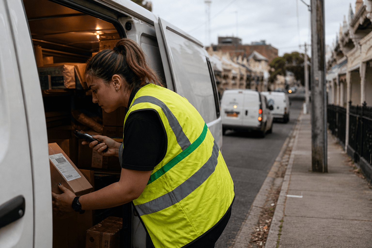 A female delivery driver in hi-vis scans a parcel at the open side door of a white delivery van on a dense inner-Melbourne suburban street, with more delivery vans visible further down the block.