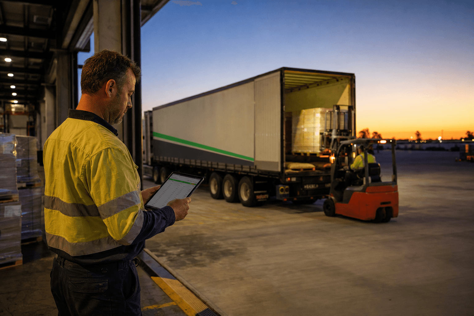 A male truck driver reviews a load manifest on a tablet at an interstate freight depot dock at dusk, while a forklift loads pallets into an open B-double trailer behind him.