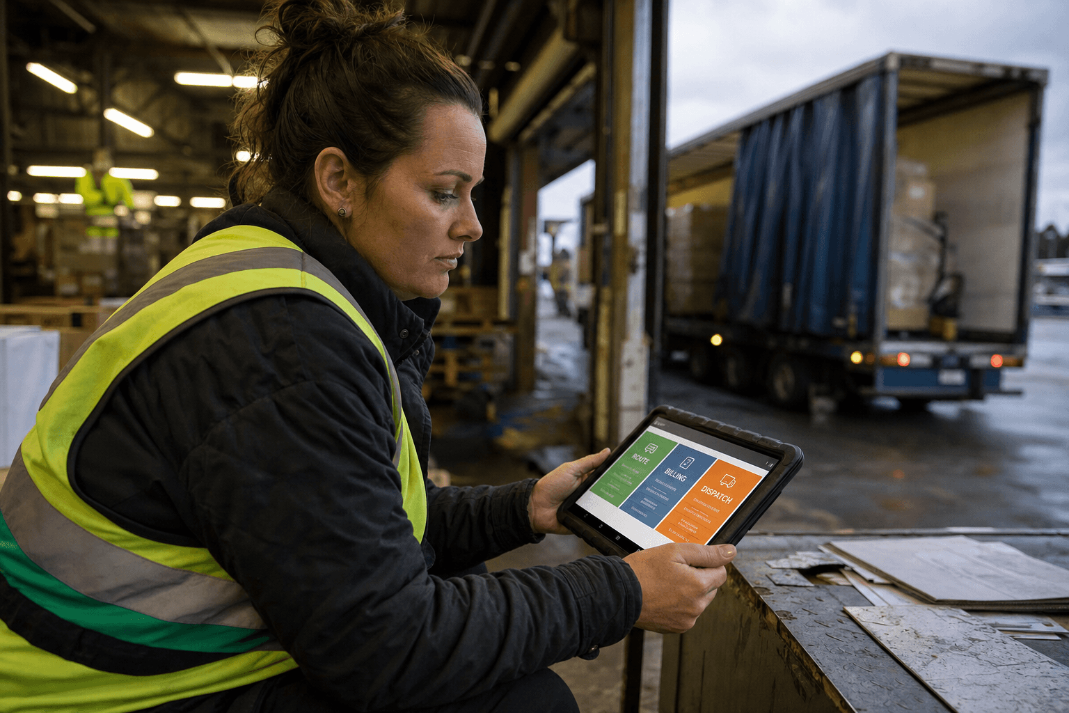 A female logistics coordinator in a high-vis vest reviews a tablet showing separate modular service tiles at an Australian loading dock, with a curtain-sider truck visible behind her in overcast light.