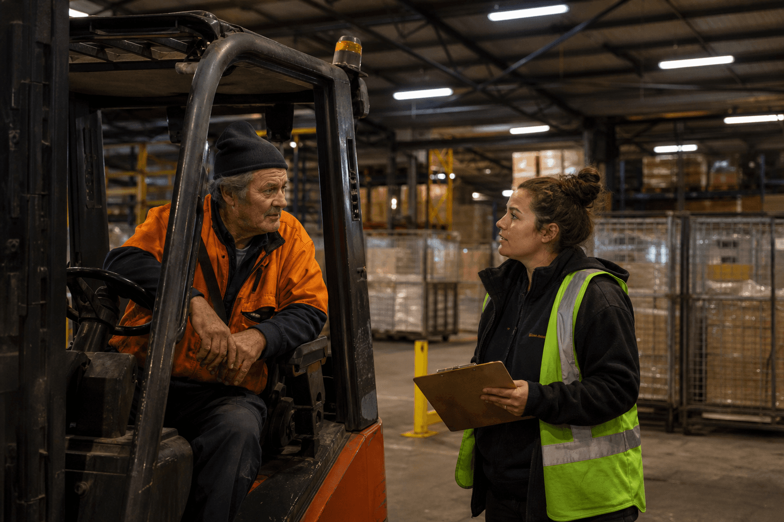 An older male forklift operator and a younger female freight worker in high-vis vests discuss operations on an Australian warehouse floor, with racked pallets and distinct freight zones visible in the background.
