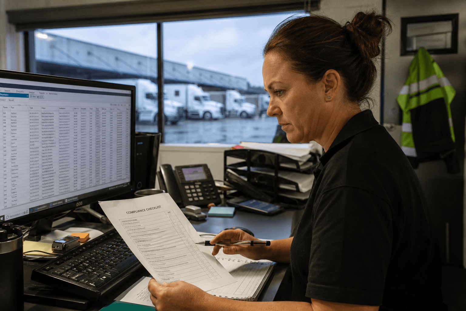 A female logistics coordinator in her 40s reviews compliance paperwork at a workstation showing a legacy freight management system, with trucks visible at a loading dock through a glass partition behind her.