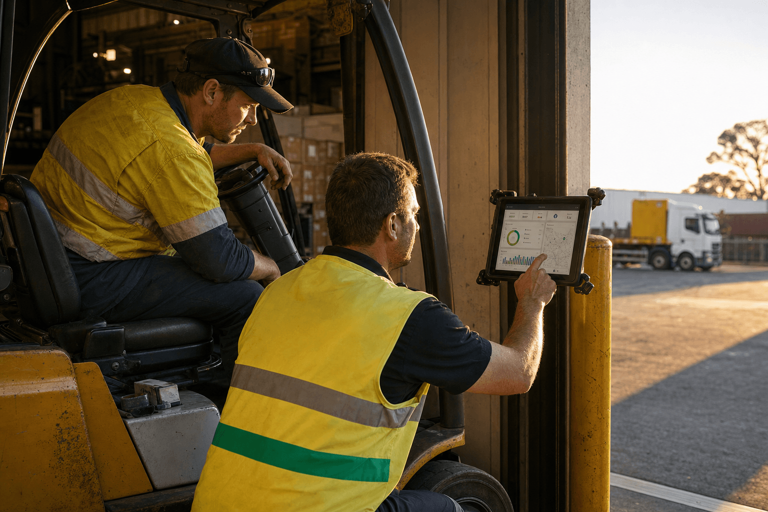 A male freight depot manager crouches beside a seated forklift operator as both examine a tablet showing delivery metrics mounted near a warehouse dock, with golden afternoon light coming through the roller door.