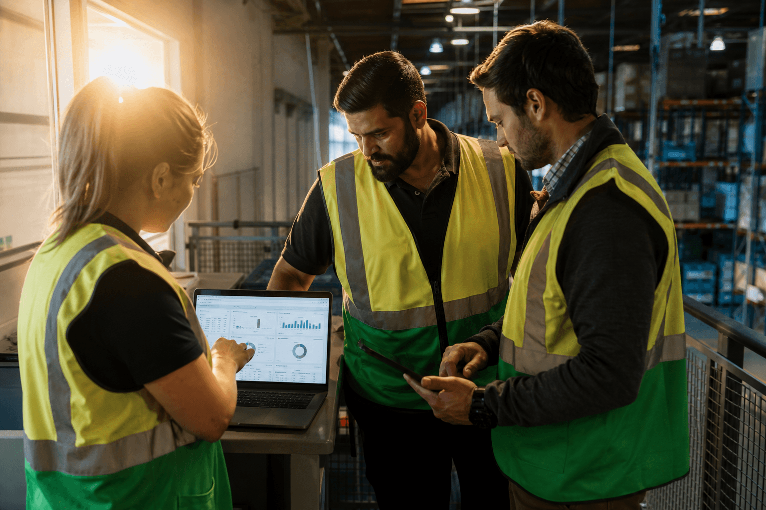 Three logistics workers in hi-vis gather around a laptop and tablet reviewing compliance data on a warehouse mezzanine, lit by warm golden-hour light.