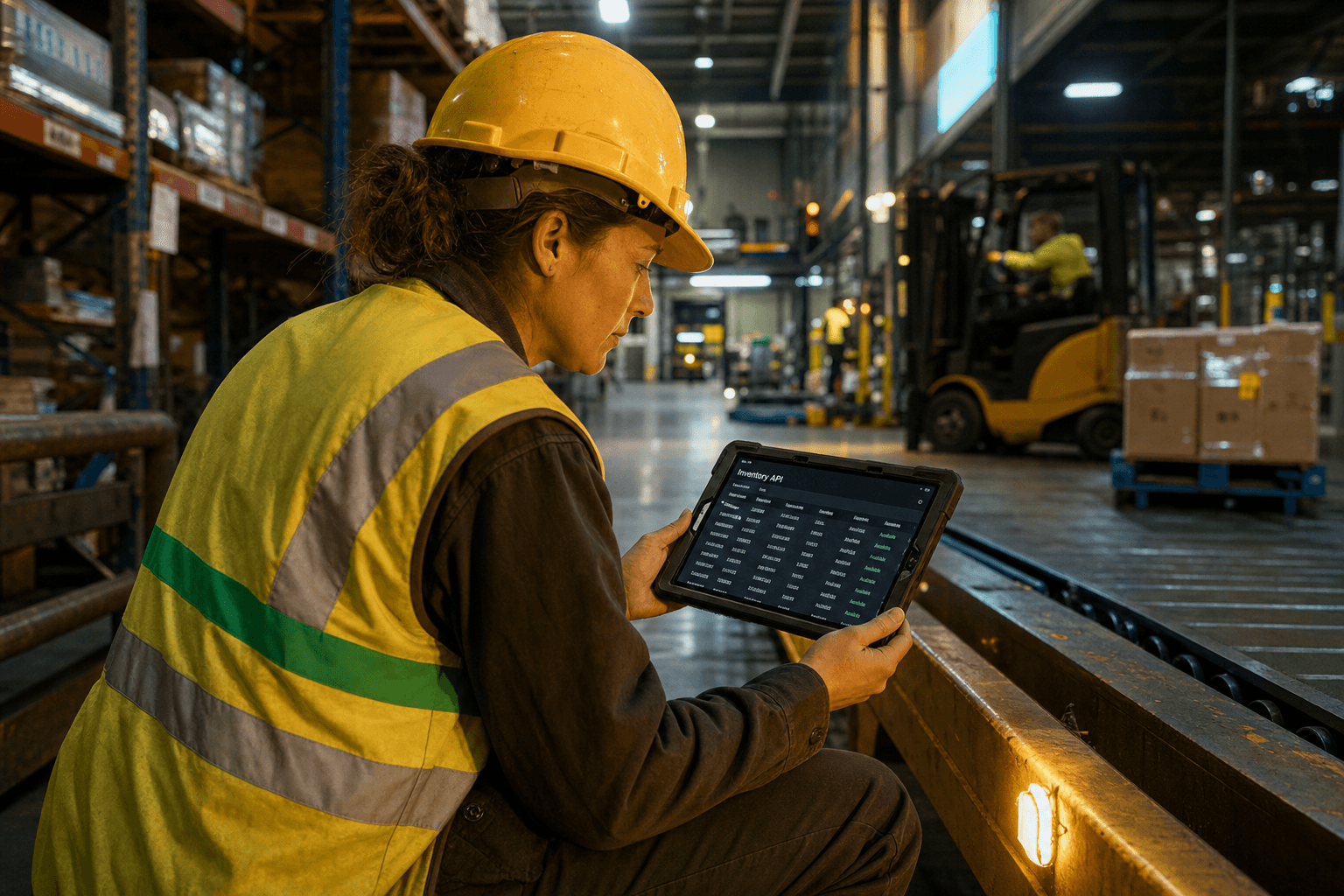 A female warehouse worker in yellow high-vis vest crouches by a conveyor belt, reviewing a live inventory feed on a ruggedised tablet inside an Australian distribution centre.