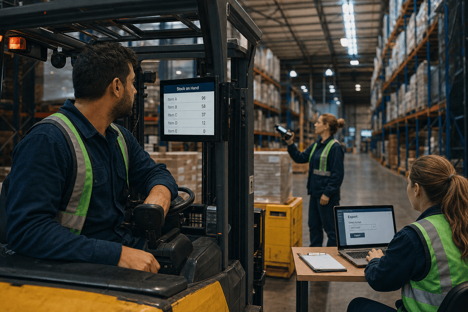 A wide shot of an Australian warehouse floor showing a forklift operator, a desk worker with a laptop, and a supervisor with a barcode scanner all engaged in separate but simultaneous workflows under fluorescent lighting.