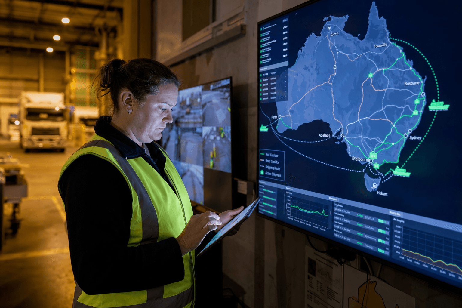 A female freight dispatch coordinator in hi-vis vest reviews a live multi-modal route map on a large screen inside an Australian depot operations room, tablet in hand.