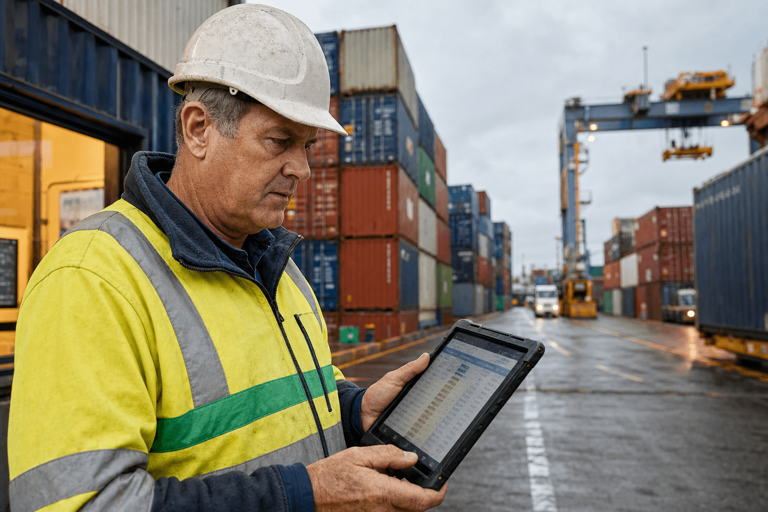 A male Australian port worker in hard hat and hi-vis jacket reviews container scheduling data on a ruggedised tablet at a busy container terminal, with stacked shipping containers and a gantry crane in the background.