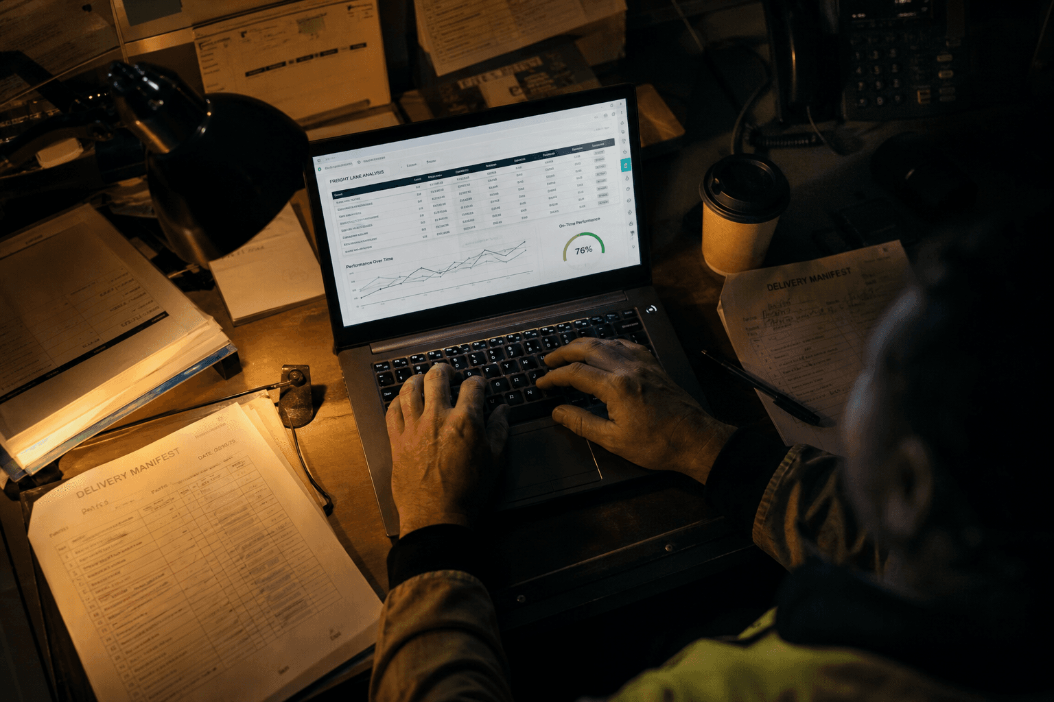 Overhead view of a depot desk at night showing a laptop with freight data dashboards, printed manifests, and a dispatcher's hands on the keyboard under a warm desk lamp.
