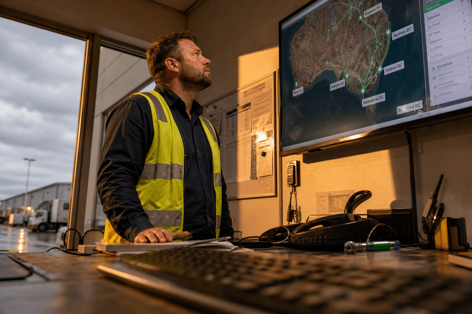 Low-angle view past a workstation keyboard toward an operations leader studying a wall-mounted screen showing a freight network map, lit by warm golden-hour light.
