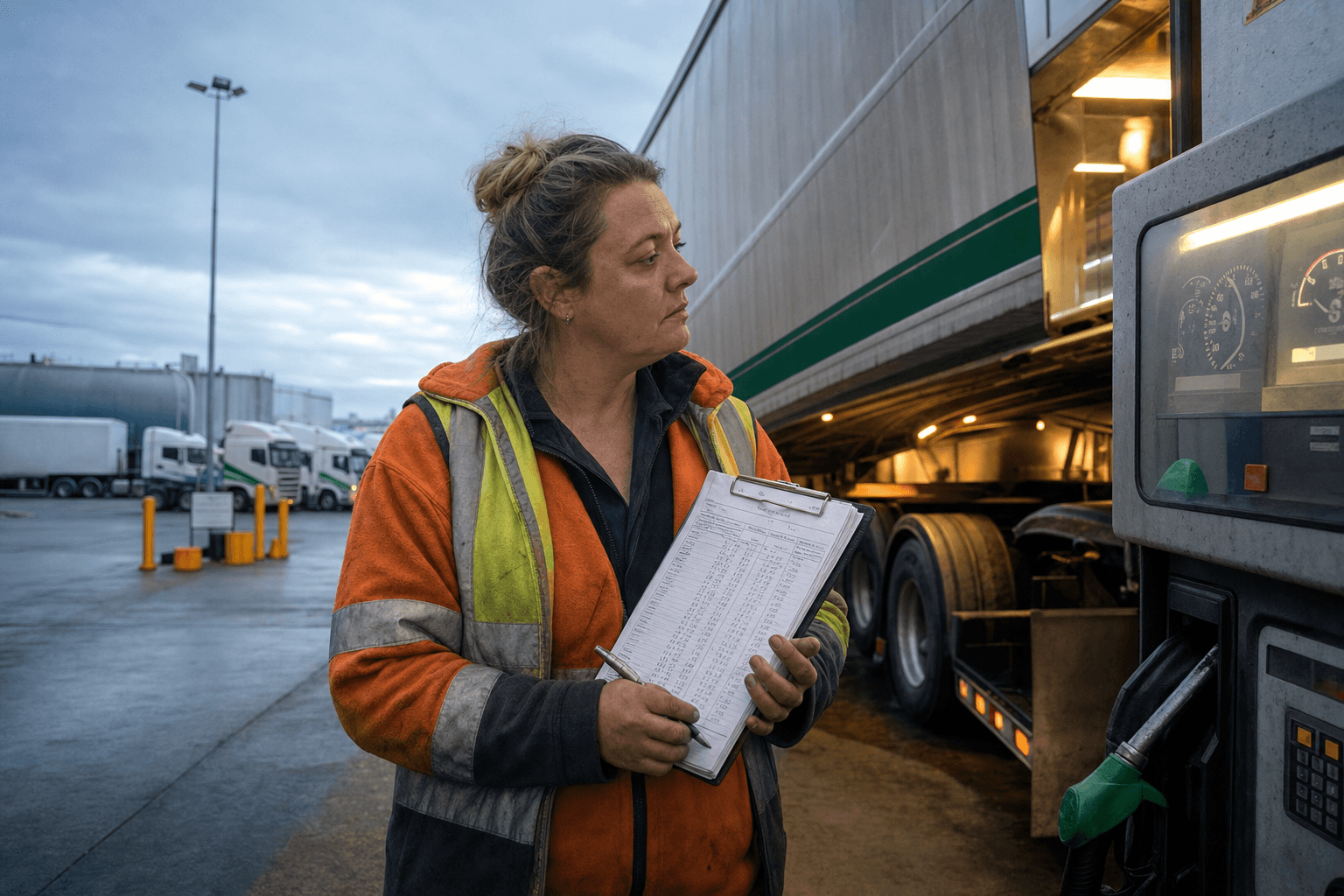A female truck driver in high-vis vest records fuel data on a clipboard while standing beside a diesel semi-trailer at an Australian regional freight depot refuelling bay under an overcast sky.