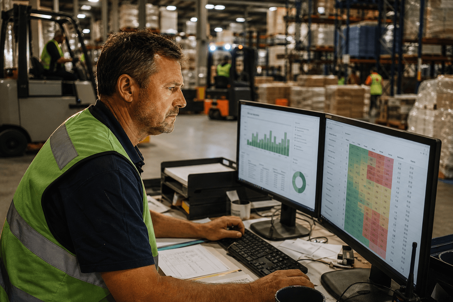 A male dispatch coordinator in a high-vis vest reviews two compliance data screens simultaneously at a workstation on a busy Australian freight warehouse floor under fluorescent lighting.