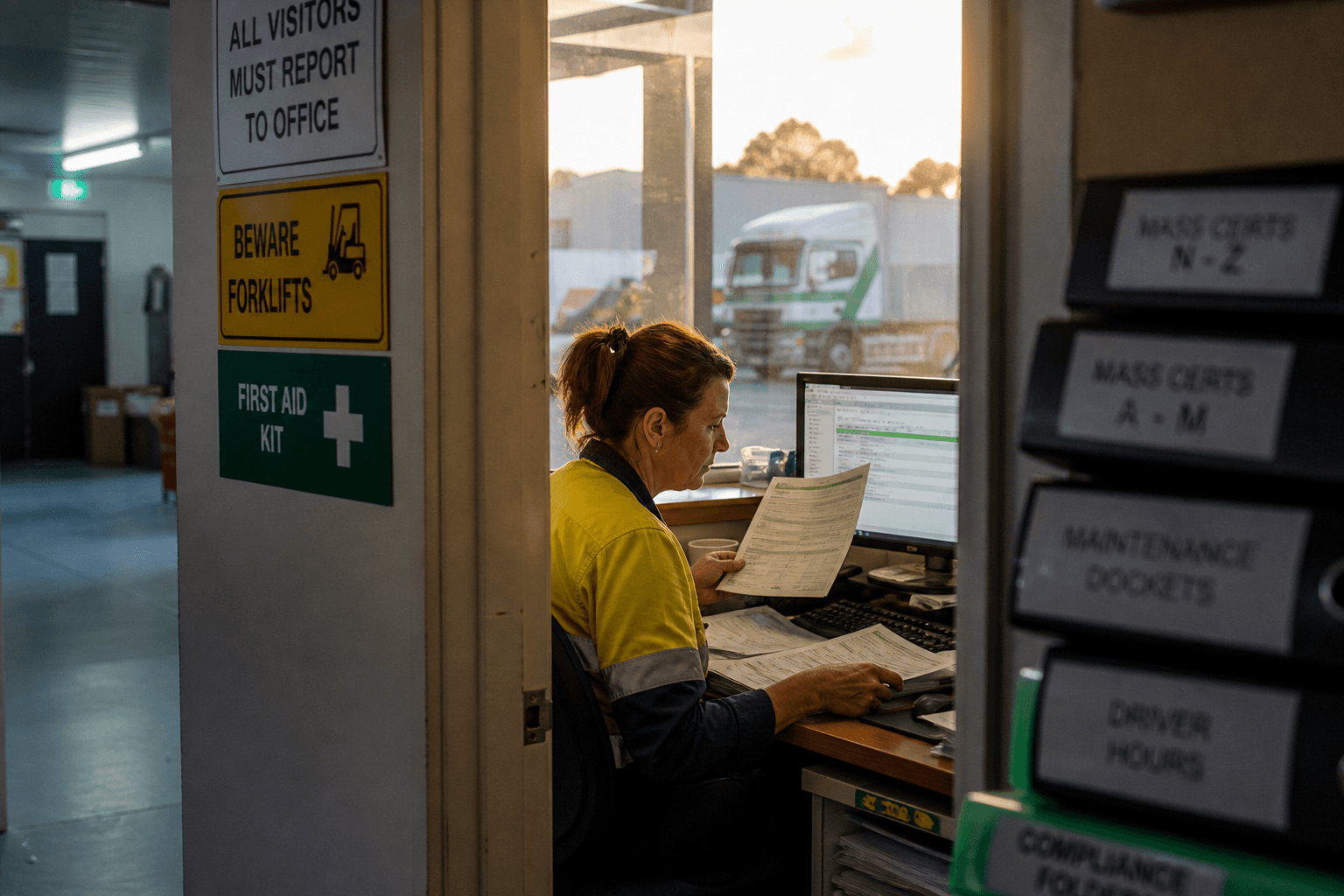 Seen through a doorway, a fleet administrator at a depot office desk cross-references stacks of driver hour logs, maintenance dockets, and mass certificates under warm afternoon light.