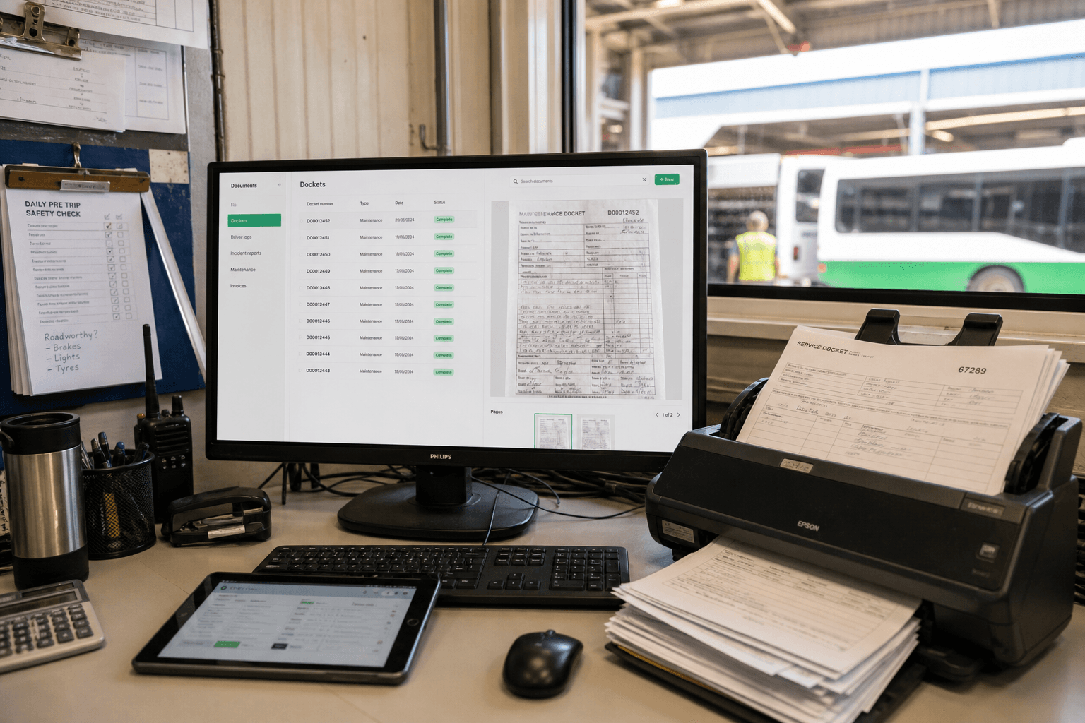 A depot compliance workstation showing a monitor with scanned maintenance and driver log documents, a tablet, and paper dockets feeding through a scanner, lit by bright natural daylight.