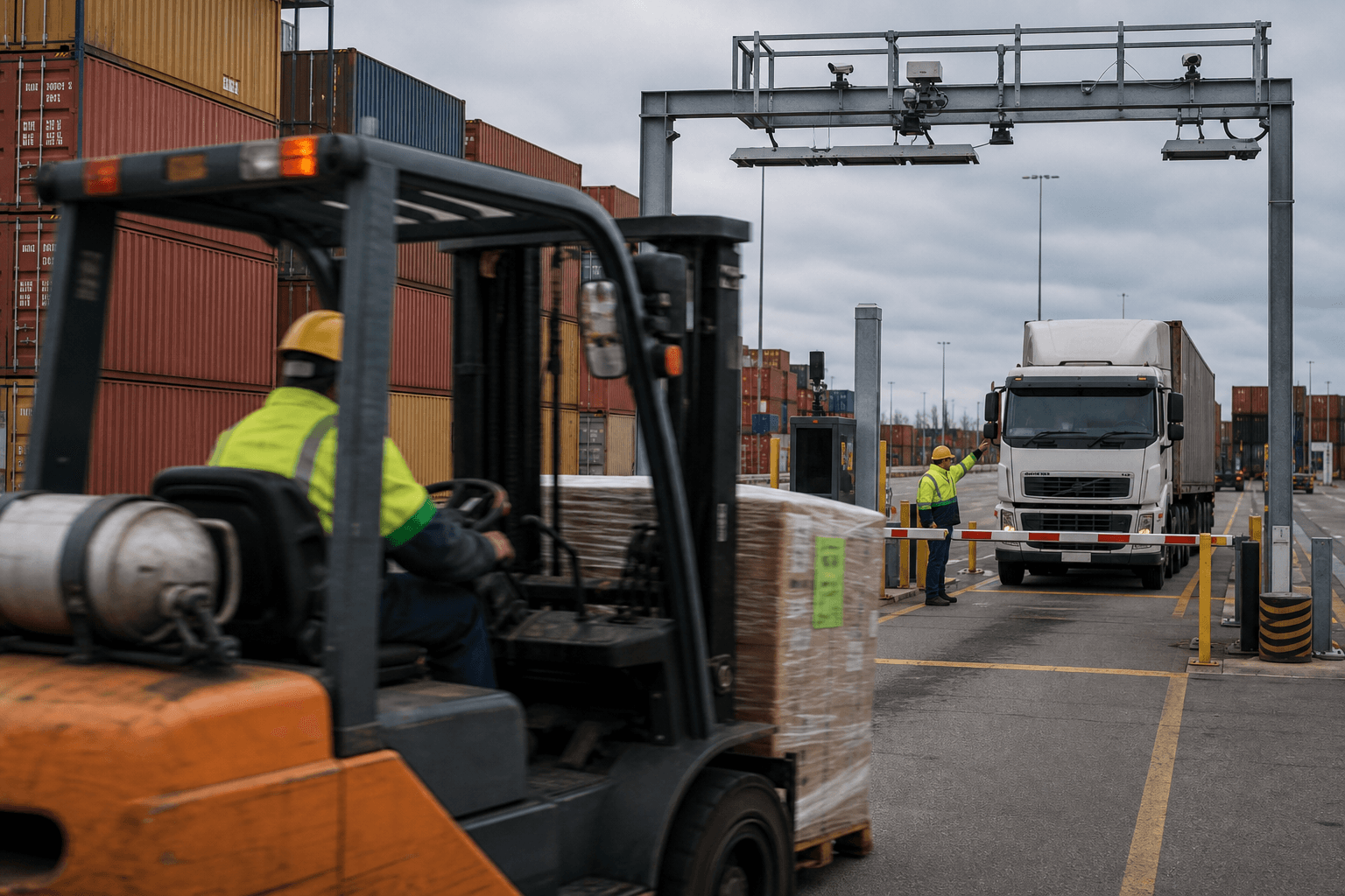 A male forklift operator in yellow high-vis workwear navigates near a semi-automated truck gate with OCR camera gantries at an Australian container terminal, with a freight truck visible in the background.