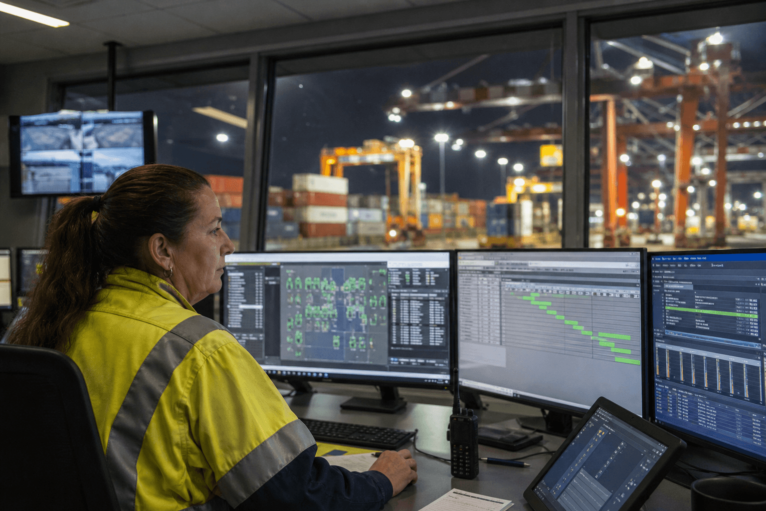 A female dispatch coordinator in her 40s works at a multi-screen workstation in a port operations control room, with automated stacking cranes visible through a large window operating in the container yard behind her.