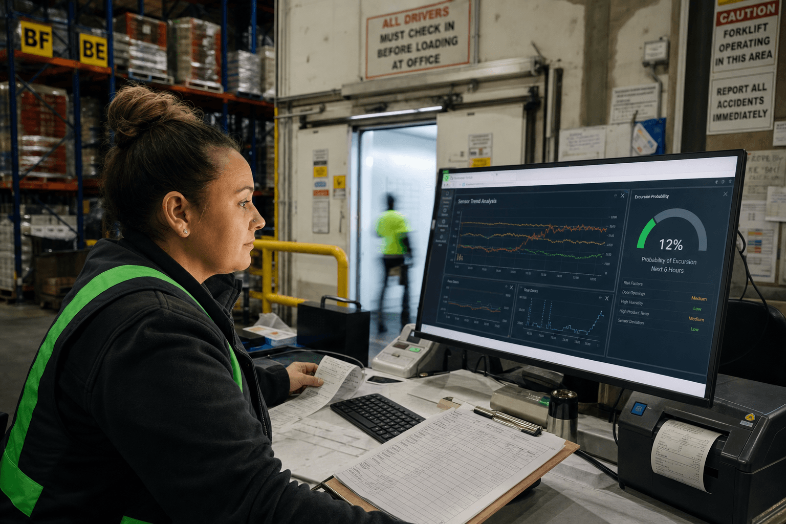 A female dispatch coordinator wearing a high-vis vest sits at a workstation on a refrigerated warehouse floor, studying sensor trend data and excursion-risk readings on a large monitor, with cold-room racking visible in the background.