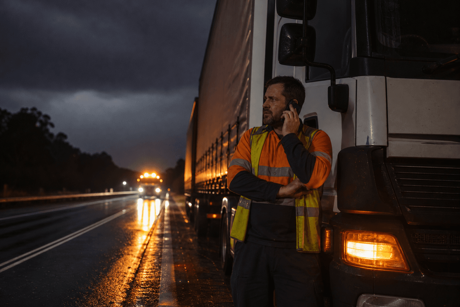 A truck driver in high-vis stands beside a broken-down freight truck on the shoulder of a dark Australian highway at night, talking on a phone while a tow truck approaches in the distance.