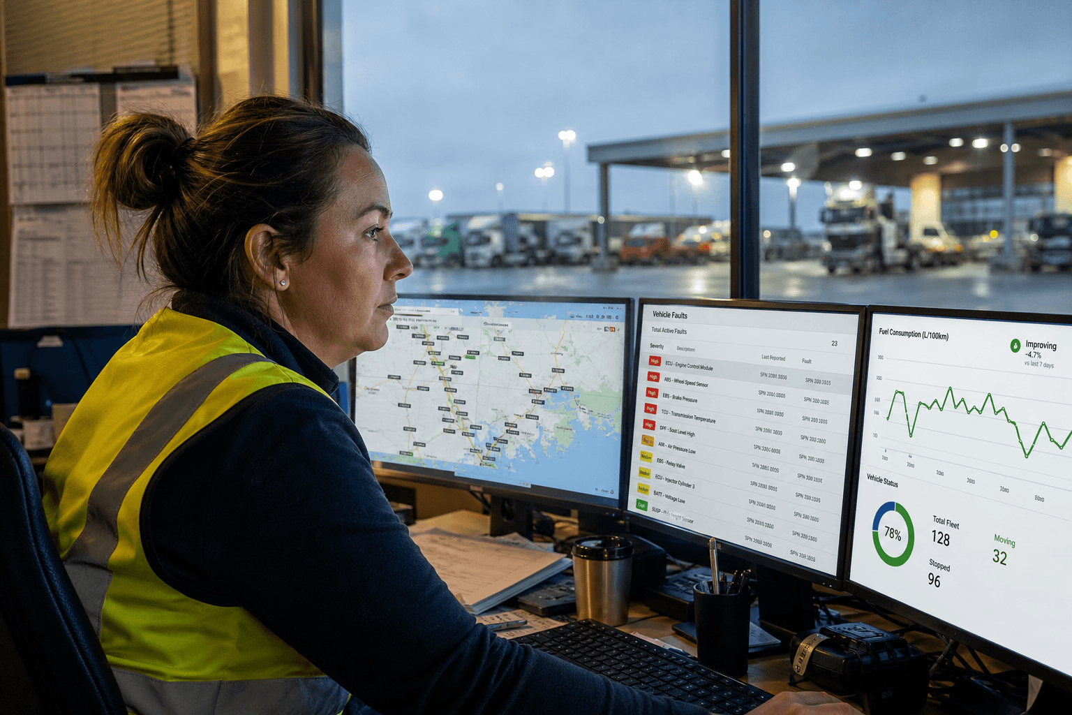 A female fleet dispatcher sits at a multi-screen workstation inside a freight depot operations room, reviewing telematics dashboards showing vehicle GPS maps and fuel consumption data, with trucks visible through a window behind her.