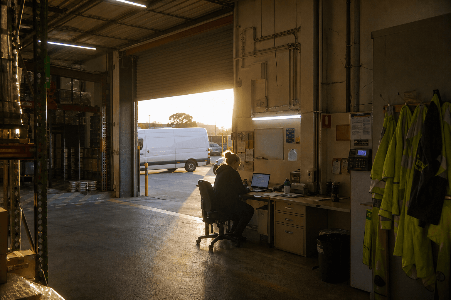 Wide view of an Australian warehouse and depot office at golden hour, with an office worker reviewing a laptop near a sunlit loading dock, surrounded by pallet racking and a parked delivery van.