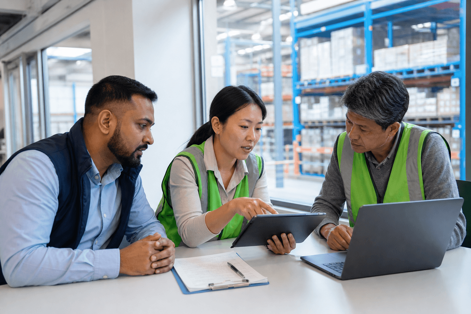 Three logistics staff in business-casual clothing and hi-vis vests collaborate around a tablet and laptop at a bright table near a warehouse window, discussing a document together.