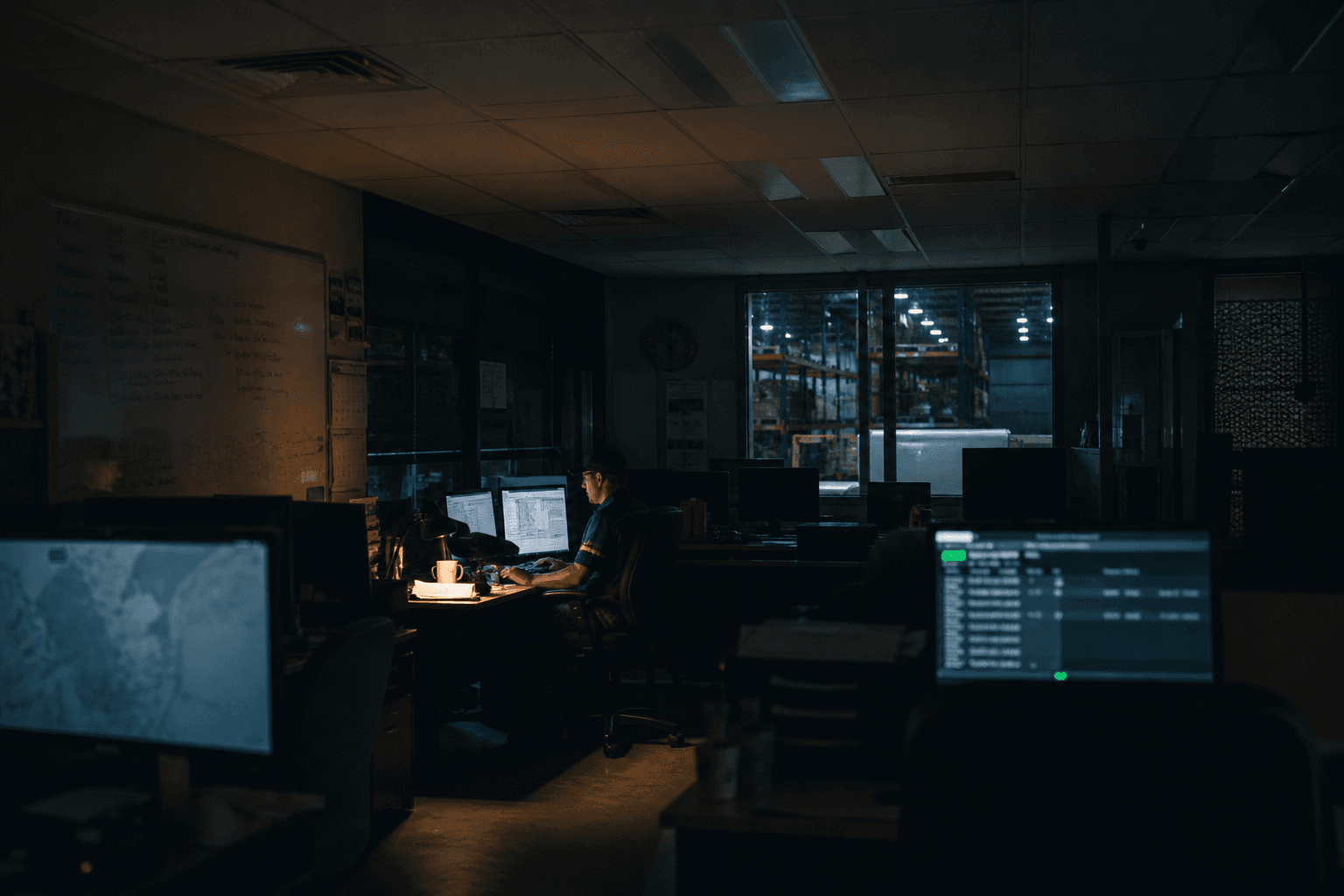 A wide view of a dimly lit freight depot office at night, showing a dispatcher working at a desk surrounded by glowing computer screens and dark warehouse racking in the background.