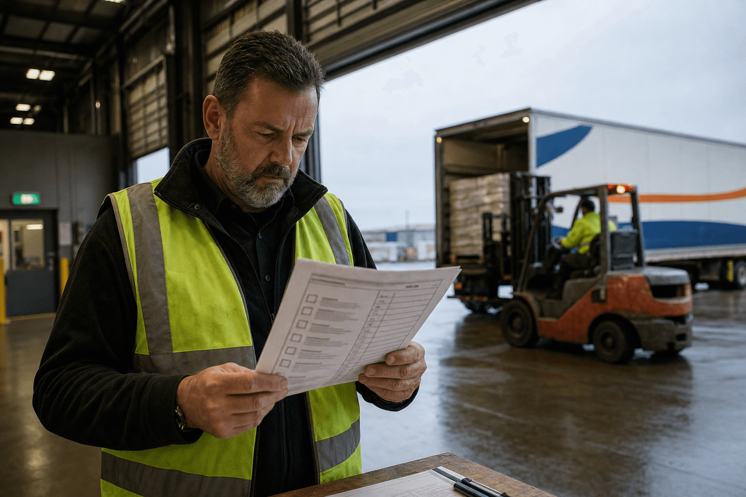 A male freight depot manager in hi-vis reviews a printed tender document at a loading bay, with a forklift loading a semi-trailer visible in the background under overcast natural light.