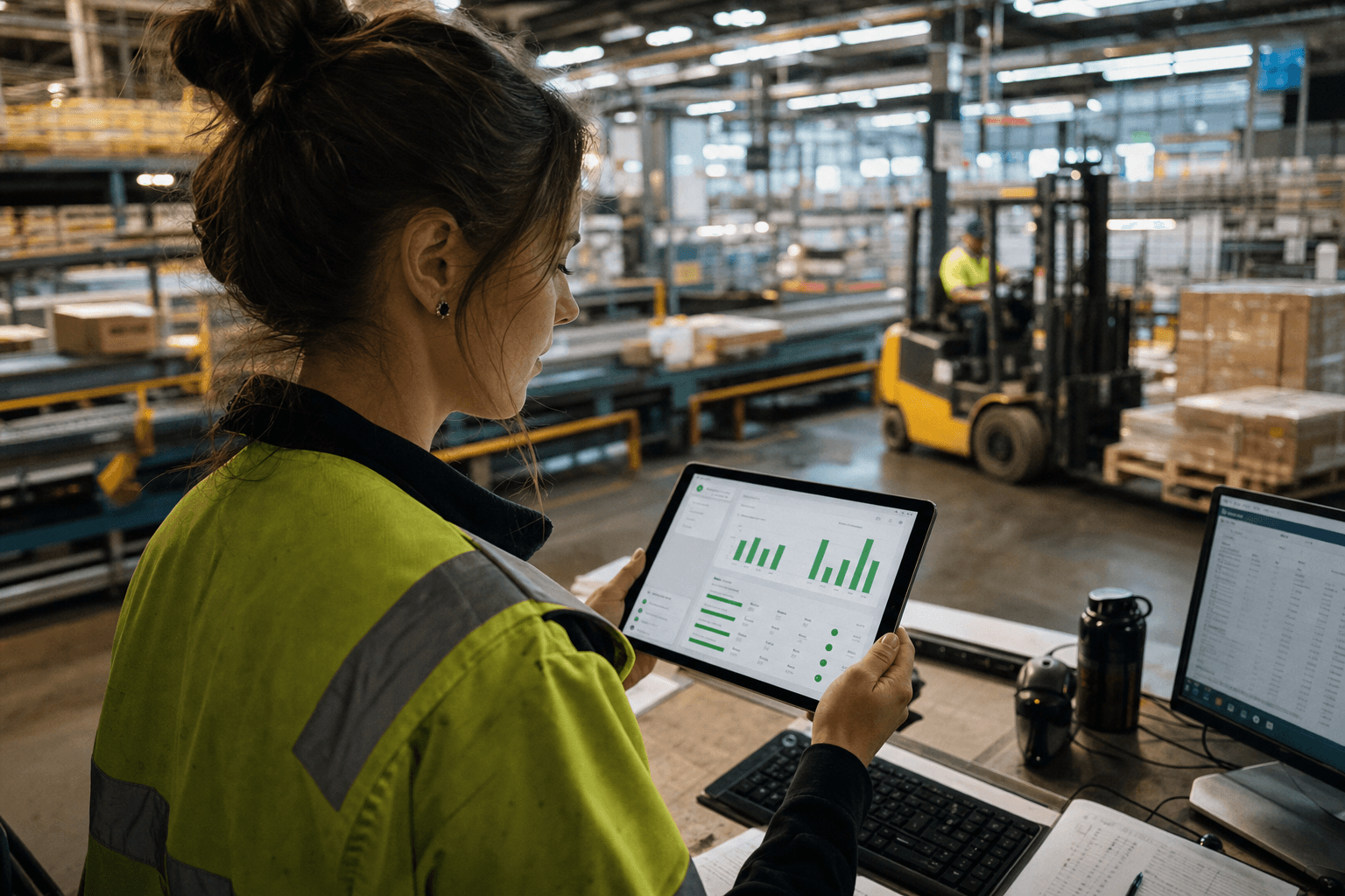 A young female dispatch coordinator in hi-vis reviews a per-consignment emissions dashboard on a tablet at a warehouse operations desk, with an active forklift and conveyor belts visible in the background.