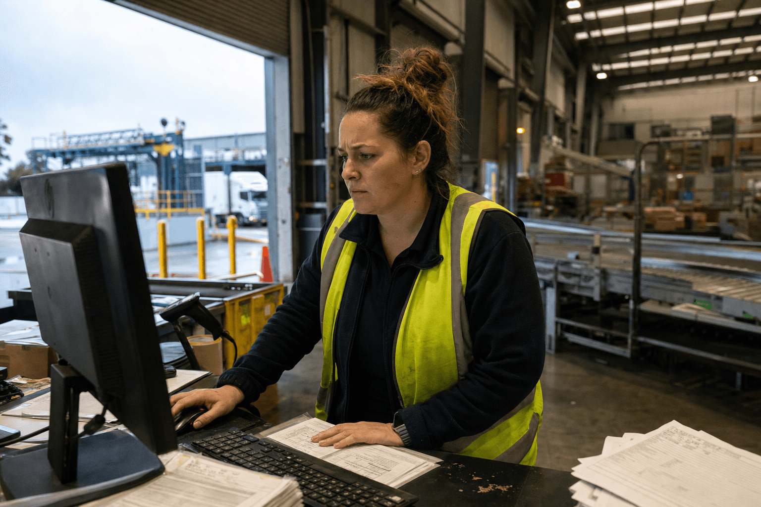 A female warehouse operations coordinator in hi-vis looks at a backlog of unprocessed orders on a monitor at a busy dispatch bench inside an Australian freight depot, with an idle loading dock visible in the background.