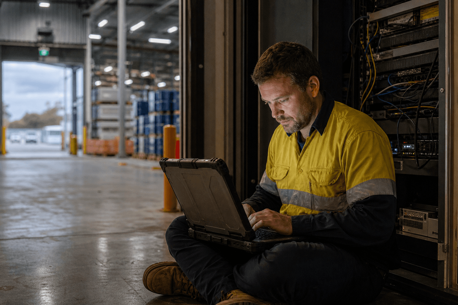 A male IT specialist sits on a warehouse floor with a laptop on his knees configuring data integration settings, with server racks and networking equipment visible in a comms room behind him inside an Australian freight facility.