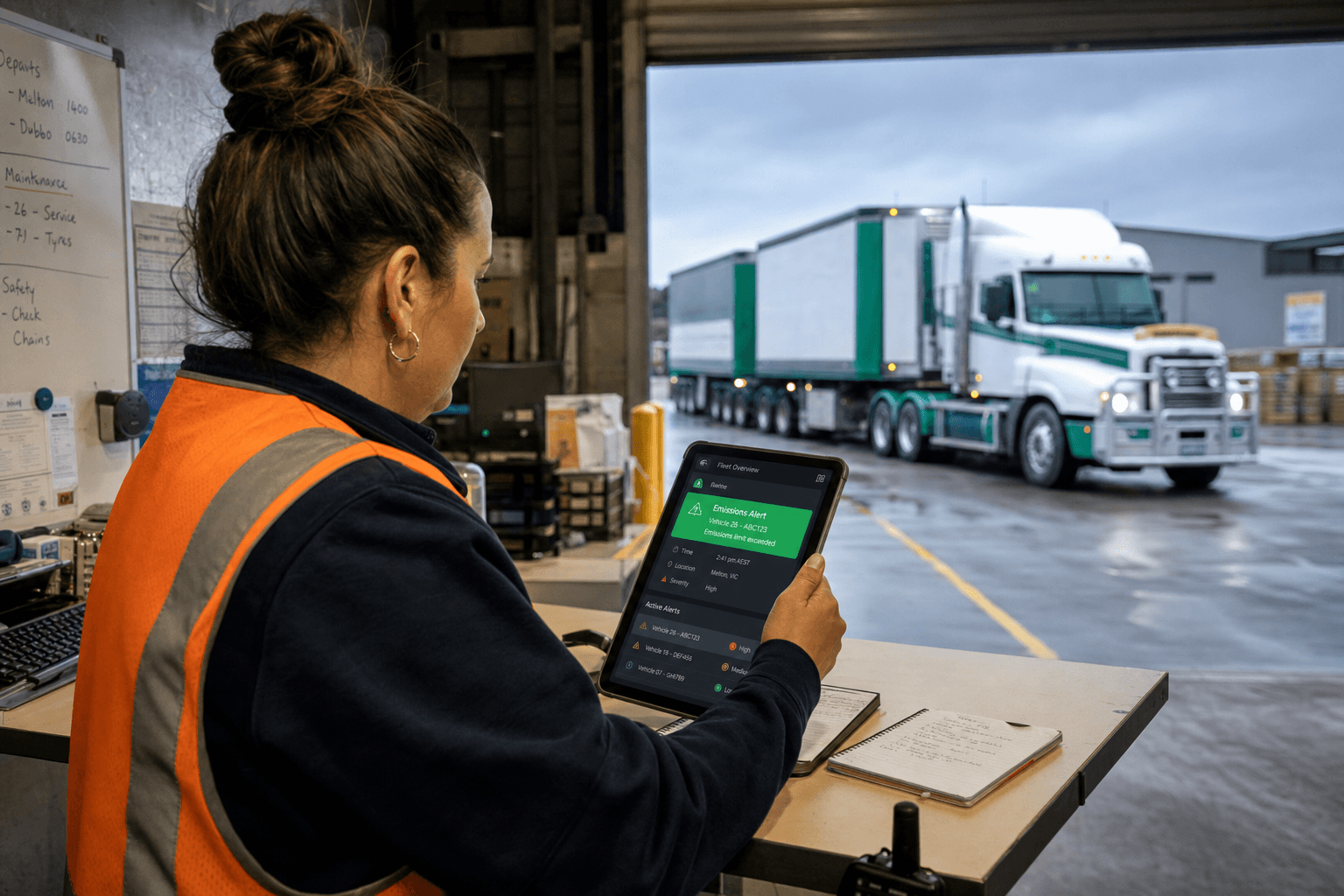 A female logistics dispatcher in orange hi-vis vest checks a live fleet alert on a tablet inside an Australian freight depot, with a B-double truck arriving through an open roller door behind her under an overcast sky.
