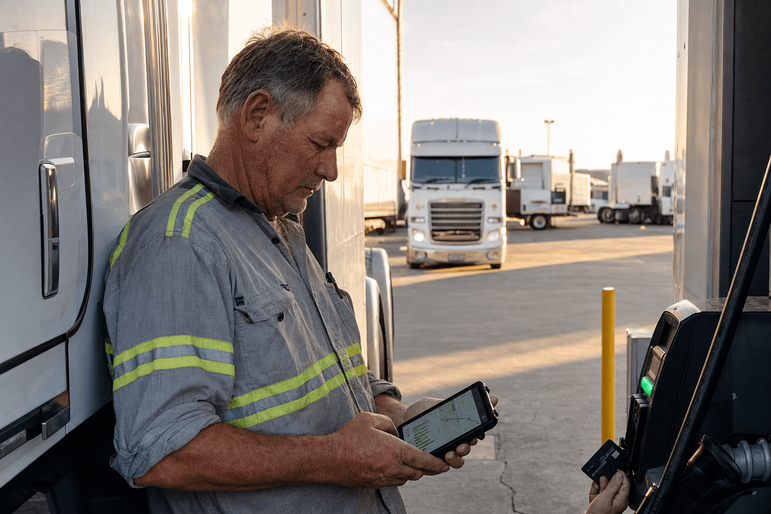 A male truck driver in his 50s wearing grey hi-vis workwear leans against a semi-trailer cab at an Australian fuel depot, reviewing telematics data on a handheld device beside a fuel bowser, with other heavy trucks parked in the yard behind him in late afternoon light.