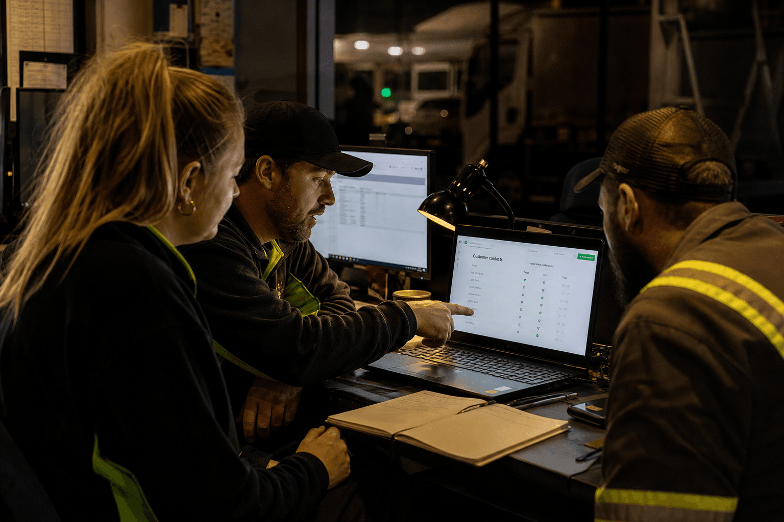 Three logistics staff gather around a laptop in a dimly lit depot office at night, discussing customer notification settings illuminated by screen glow and desk lamps.