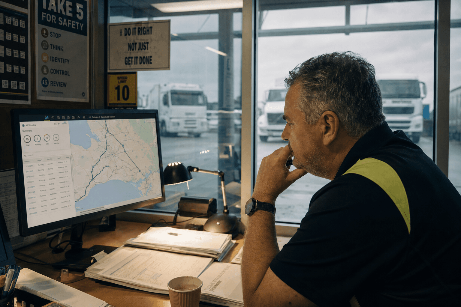 A middle-aged male fleet manager leans toward a computer monitor displaying fleet and route data inside an Australian depot operations room, with a row of trucks visible through a glass partition behind him.