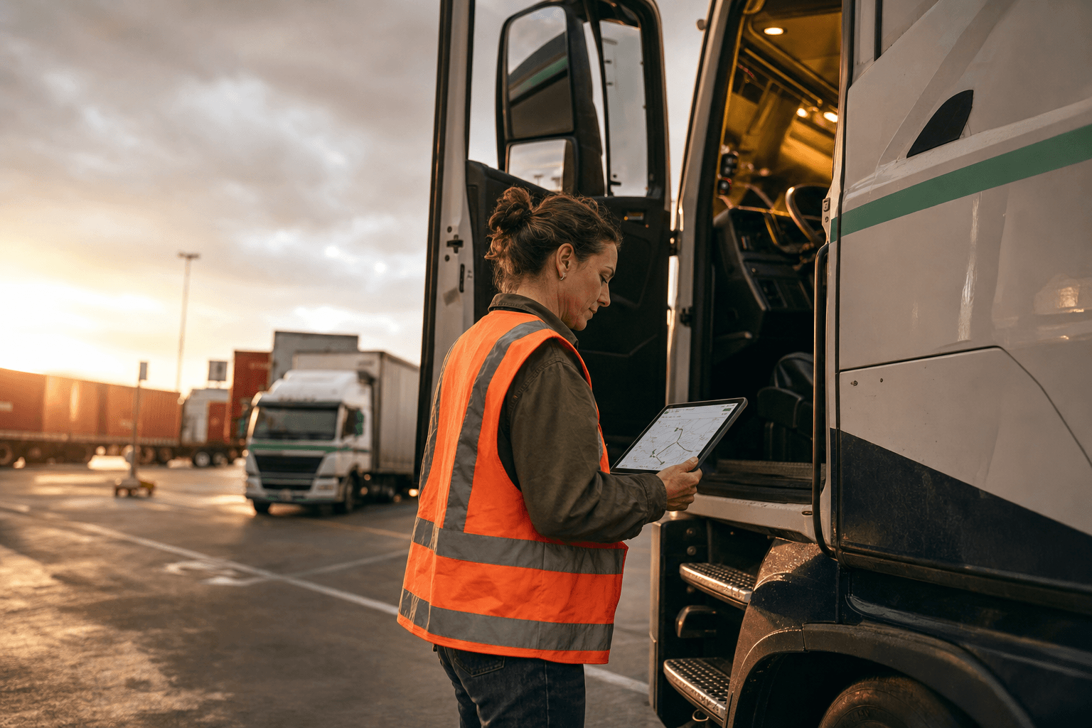 A female truck driver in hi-vis orange stands beside the open cab of a semi-trailer at an Australian freight yard, reviewing a route optimisation map on a tablet in the golden late-afternoon light.
