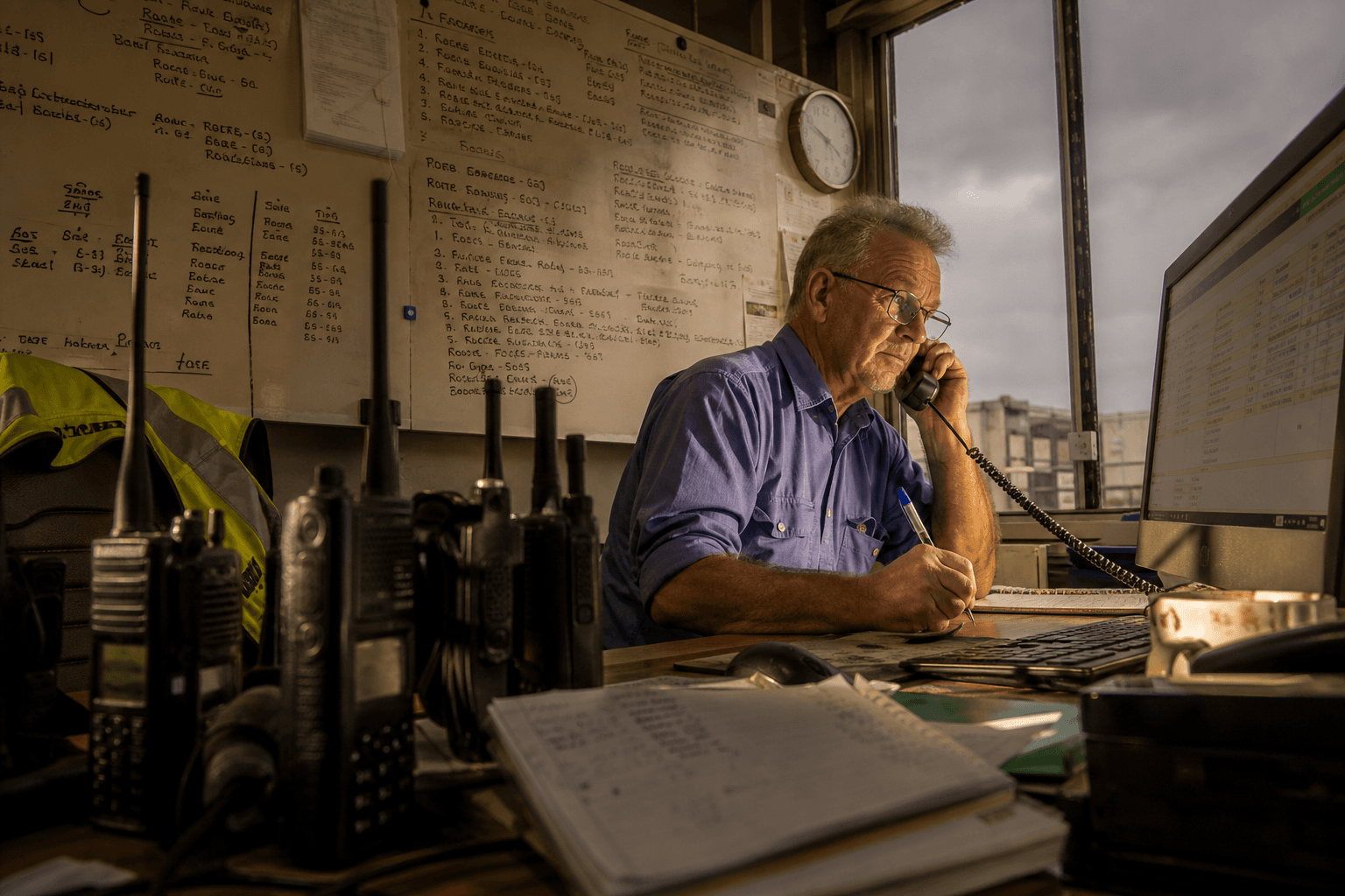 Low-angle view of a veteran dispatcher at a depot office desk, on the phone and looking at handwritten route notes and a tracking screen, with a hi-vis jacket hanging nearby, lit by golden afternoon light.