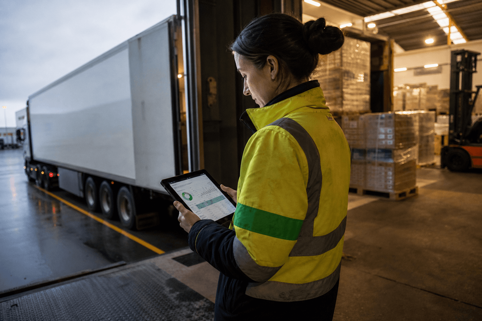 A female Australian freight worker in a high-vis jacket reviews data on a tablet at a loading dock, with a semi-trailer backed into the bay and warehouse pallets visible behind her under mixed overcast and fluorescent light.
