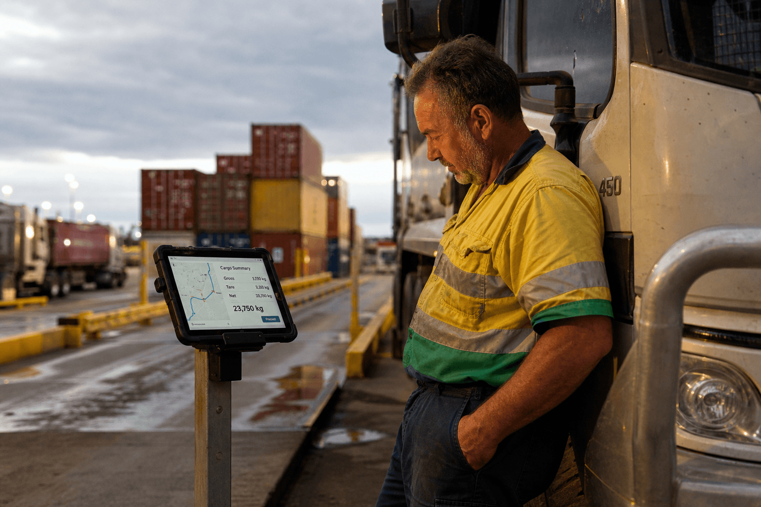 An older male Australian truck driver in a high-vis shirt reviews route and cargo data on a ruggedised tablet mounted near a rigid truck cab at a regional freight depot, with container stacks and overcast sky in the background.