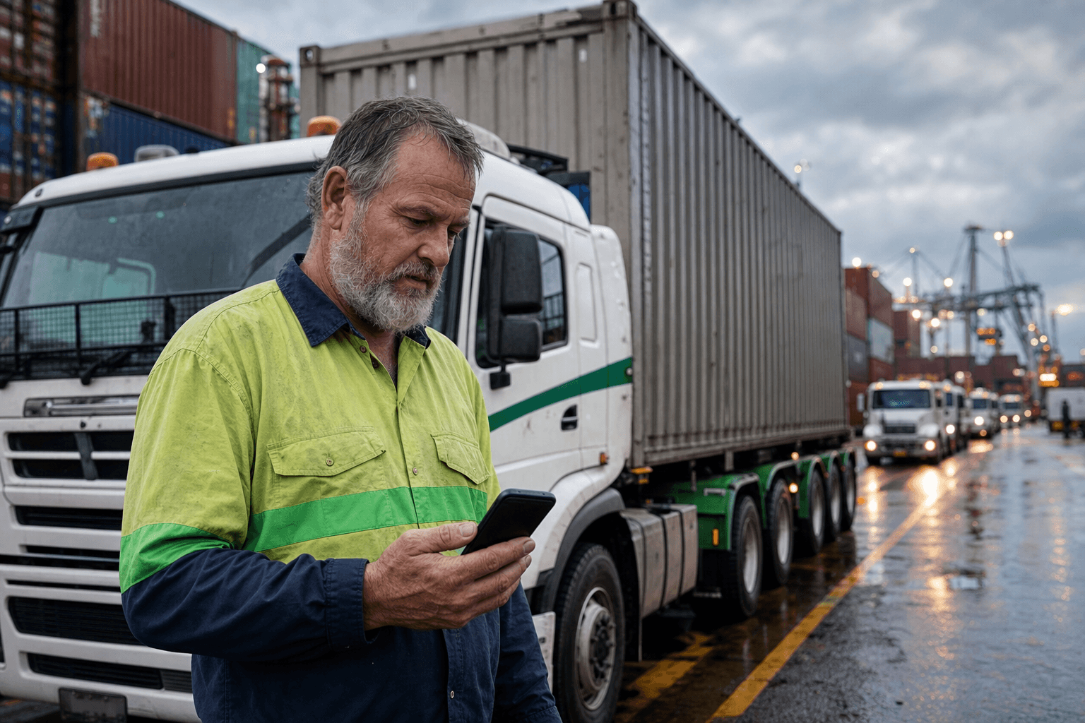 A male truck driver in hi-vis checks a route-planning app on his phone beside a B-double truck at a busy container yard, shipping containers and port cranes visible in the overcast background.
