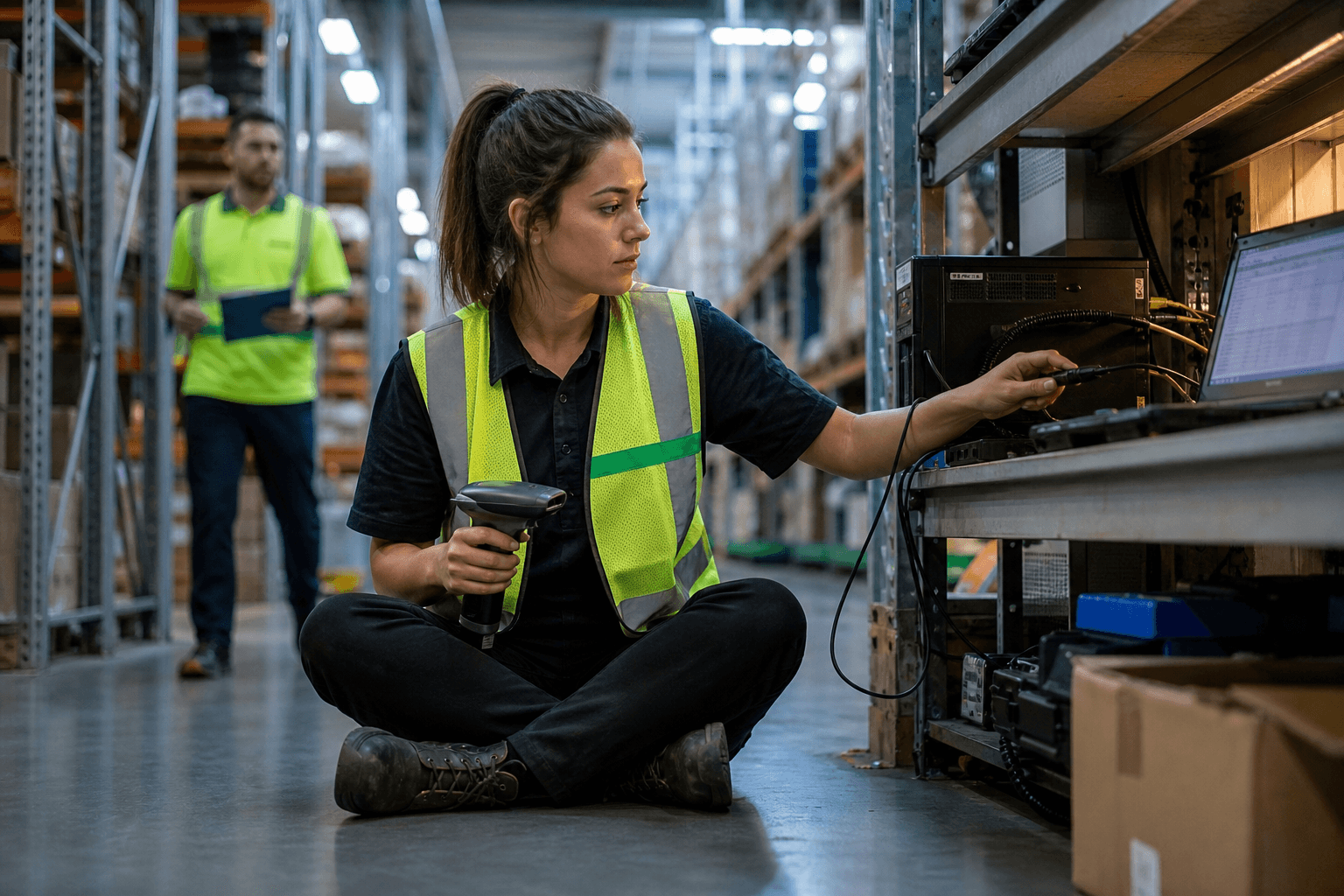 A young female warehouse analyst works on a laptop at a packing bench inside a distribution centre, connecting a scanner to a workstation, with pallet racking aisles and a colleague visible in the background.