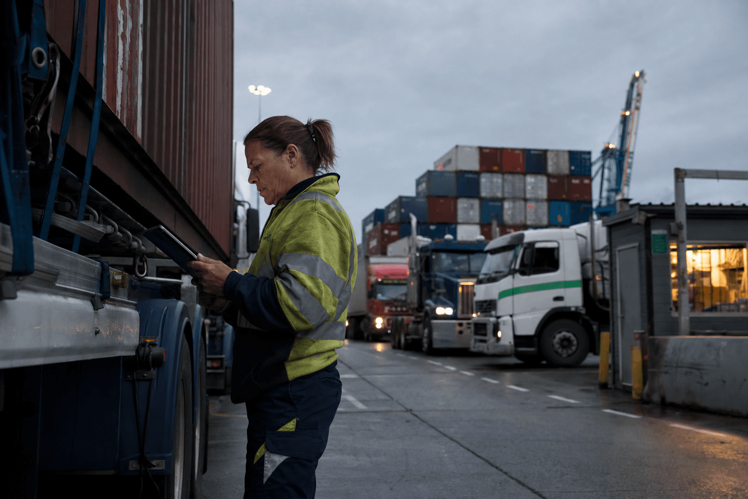A female truck driver in hi-vis gear checks a tablet manifest beside a loaded semi-trailer at a container terminal, with stacked shipping containers and a port crane visible under an overcast sky.