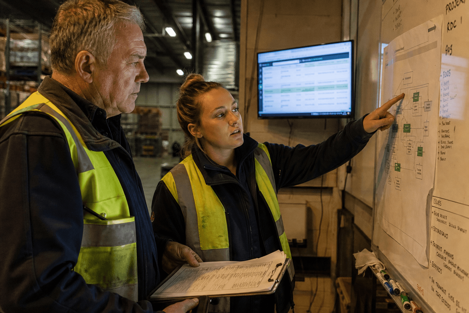 A warehouse manager and operations analyst in hi-vis workwear examine a process flow diagram on a whiteboard inside a working warehouse, with shelving stock and a WMS screen visible in the background.
