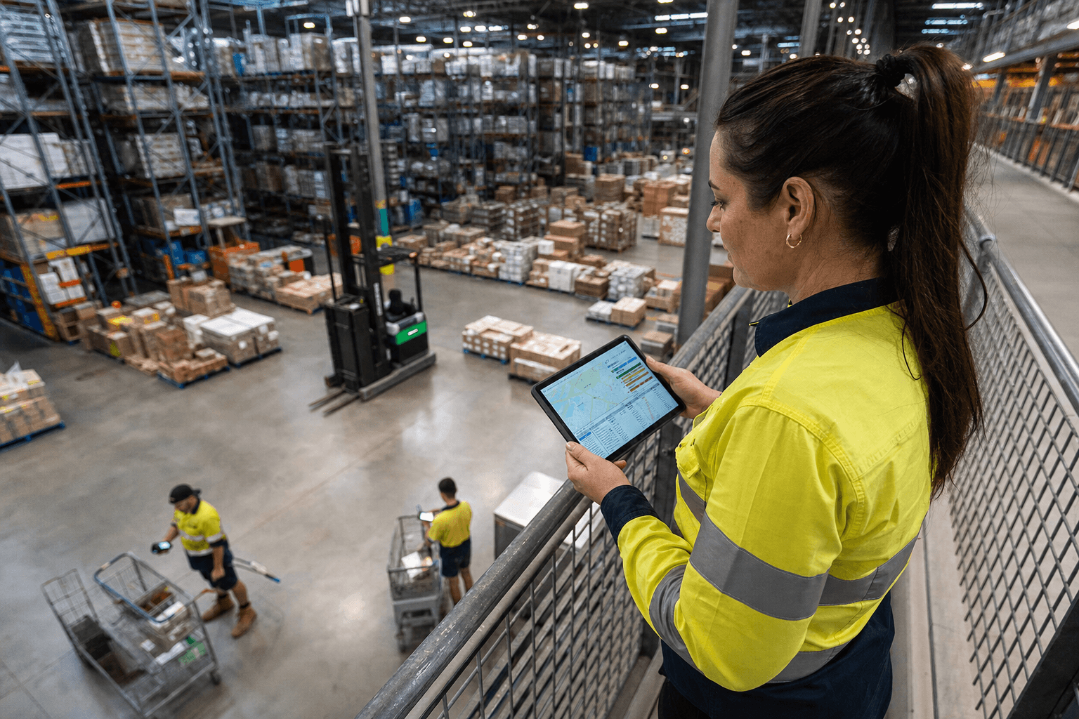 A female warehouse operations manager in yellow hi-vis stands on a mezzanine railing reviewing a tablet, while pickers work with RF scanners on the distribution centre floor below.