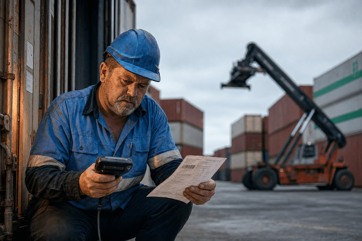 A male dock worker in blue hi-vis and hard hat crouches at an open shipping container, comparing a paper docket to a barcode scanner at an Australian container yard under overcast skies.