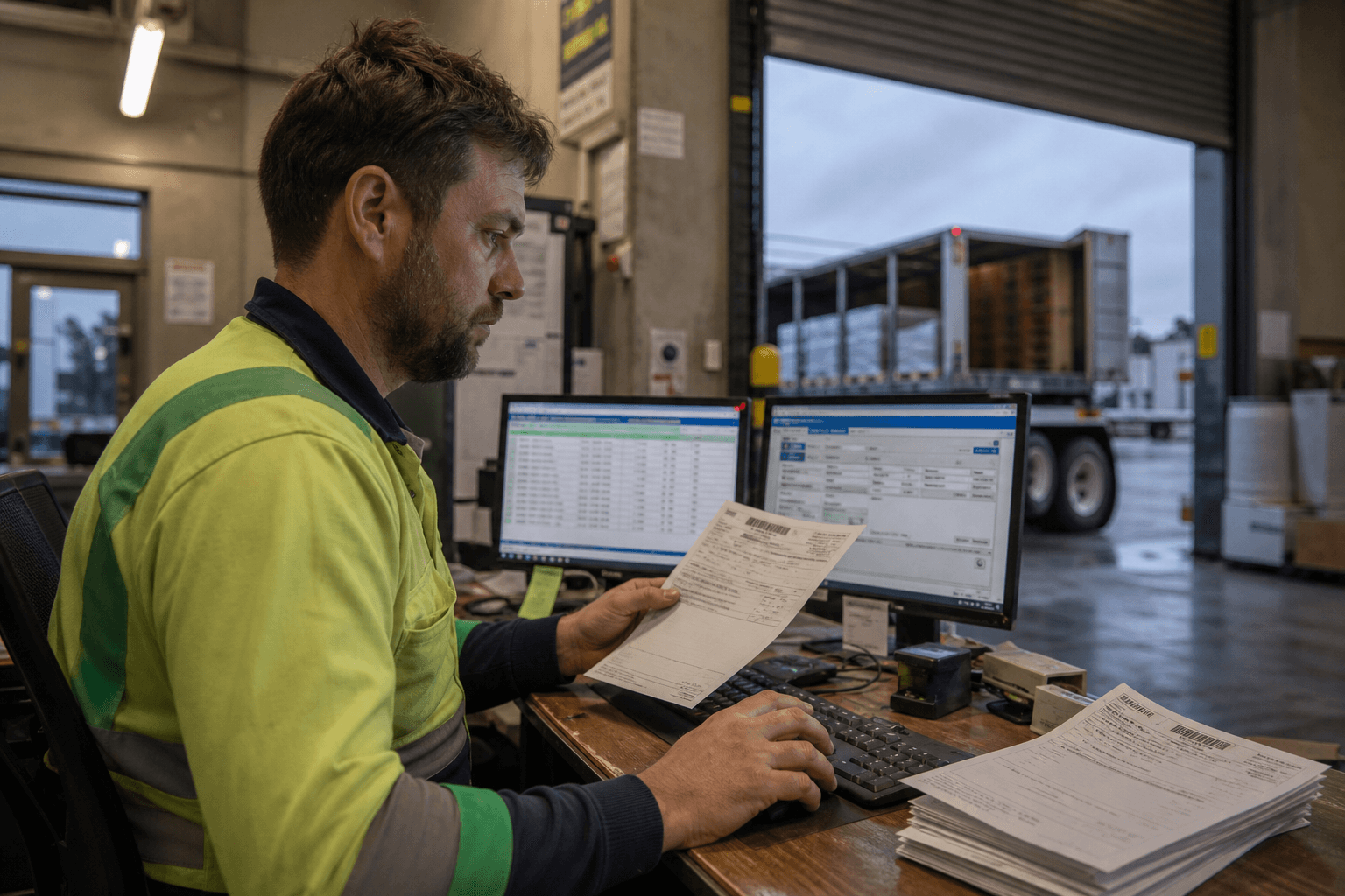 A male logistics admin worker in a hi-vis shirt cross-references a printed consignment docket against two computer screens in a depot back-office, with a loading bay and curtainsider truck visible through an open roller door behind him.