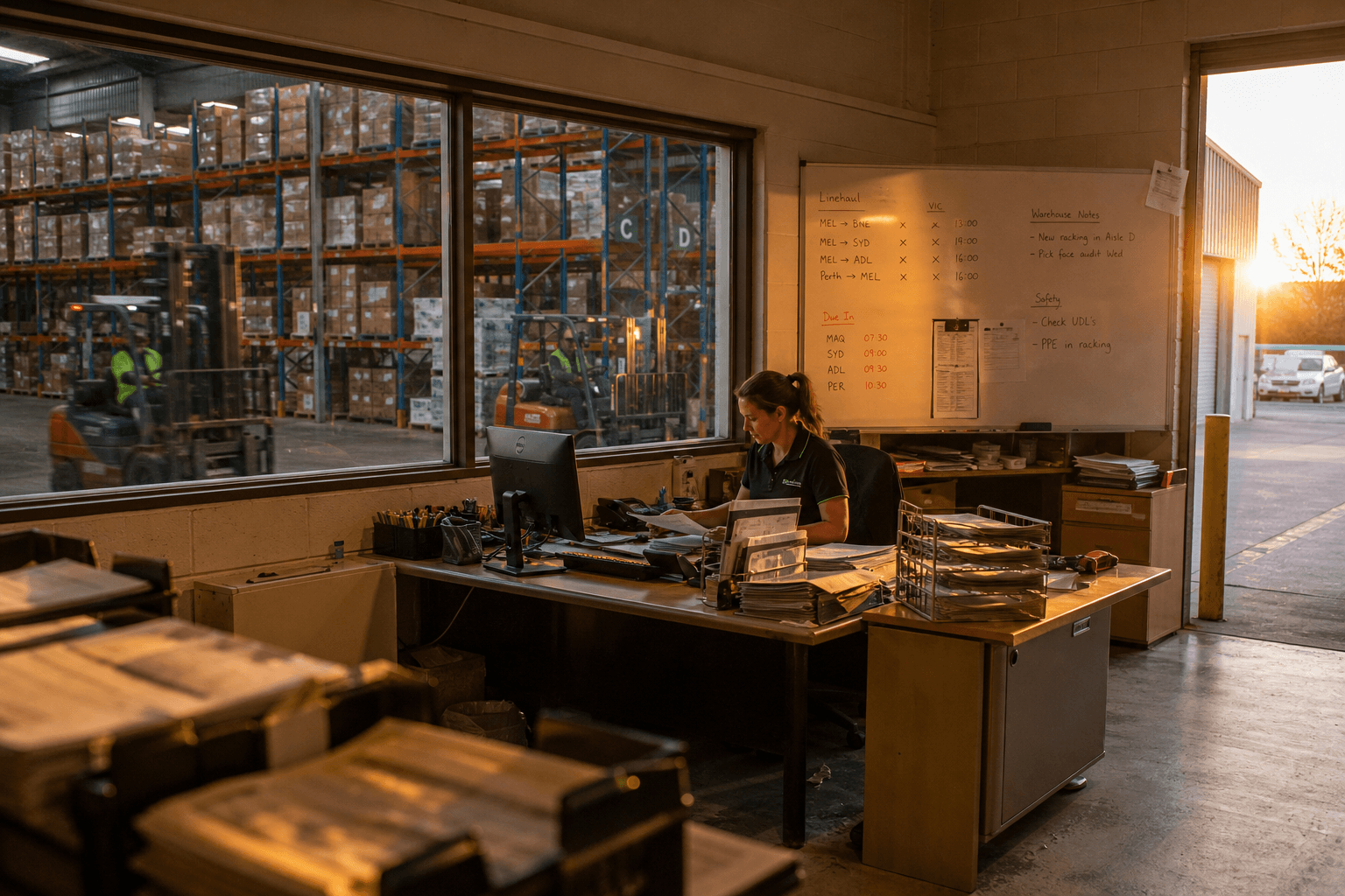 An account manager works at a cluttered desk with paper dockets and a whiteboard of shipment notes, lit by golden afternoon light, with a warehouse floor and forklifts visible through a window behind.