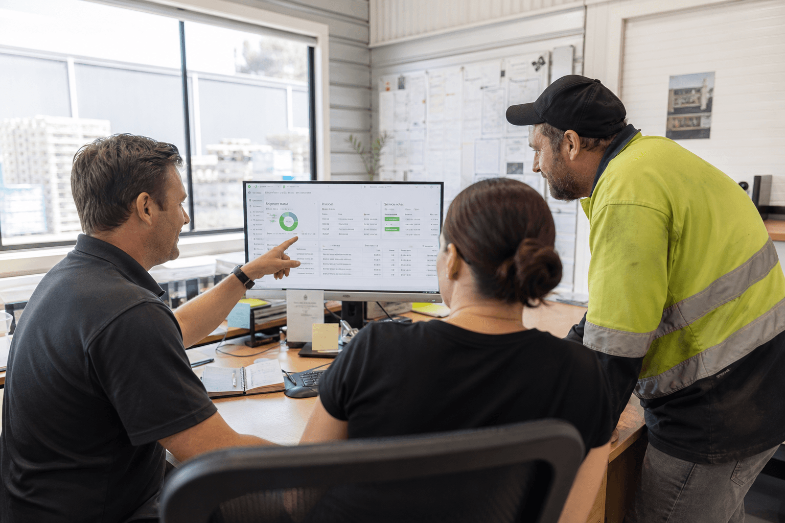 Three logistics staff, including one in a hi-vis vest, stand together looking at a computer screen showing a dashboard with shipment and invoice data, in a bright naturally lit office.